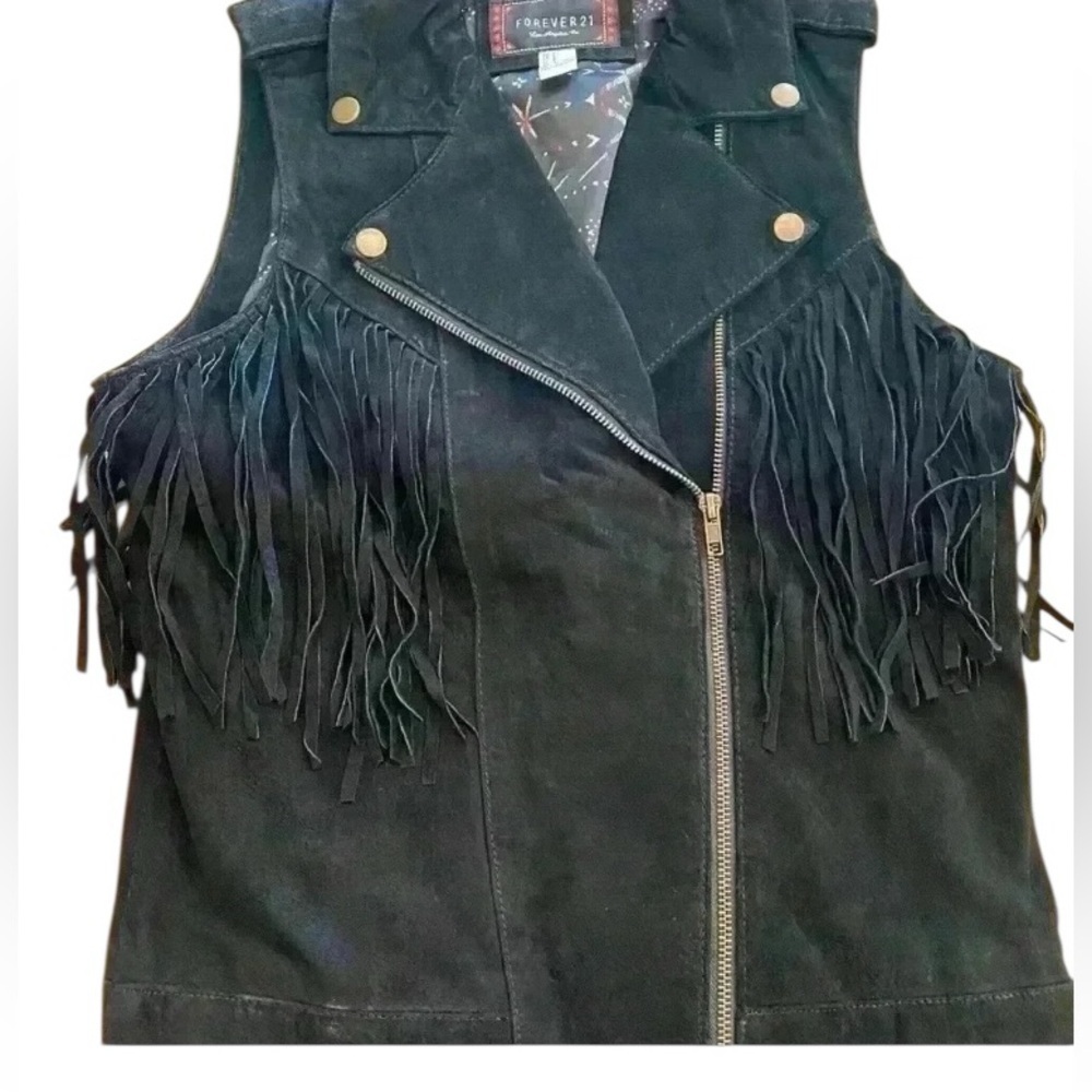 Womens Leather Fringe Vest Black Zipper Lined Western small great condition - Picture 1 of 10